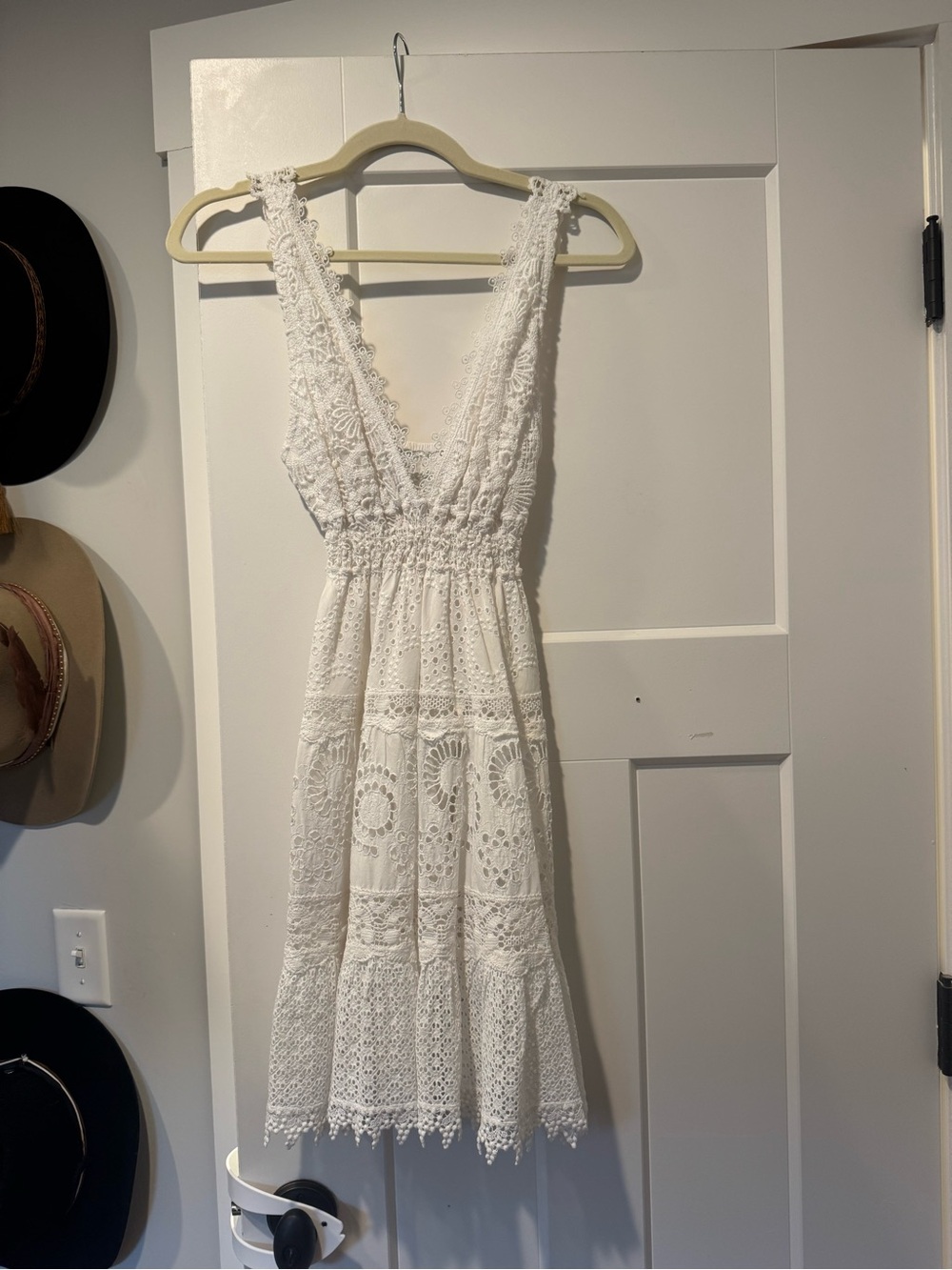 Temptations White Lace Midi Dress with V-Neck